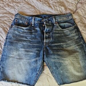 Blue Jean Shorts with Raw Hem and Distressed Look
